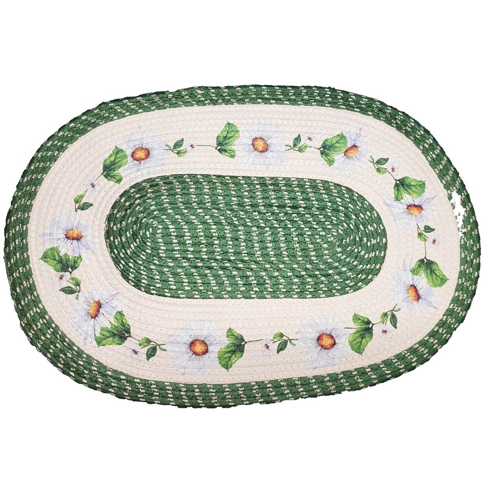 Oval Braided Kitchen Accent Rug (18" x 30") DAISIES FLOWERS, green, CE